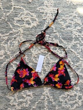 Black Floral Triangle Bikini Top with Pink & Orange Bloom Print